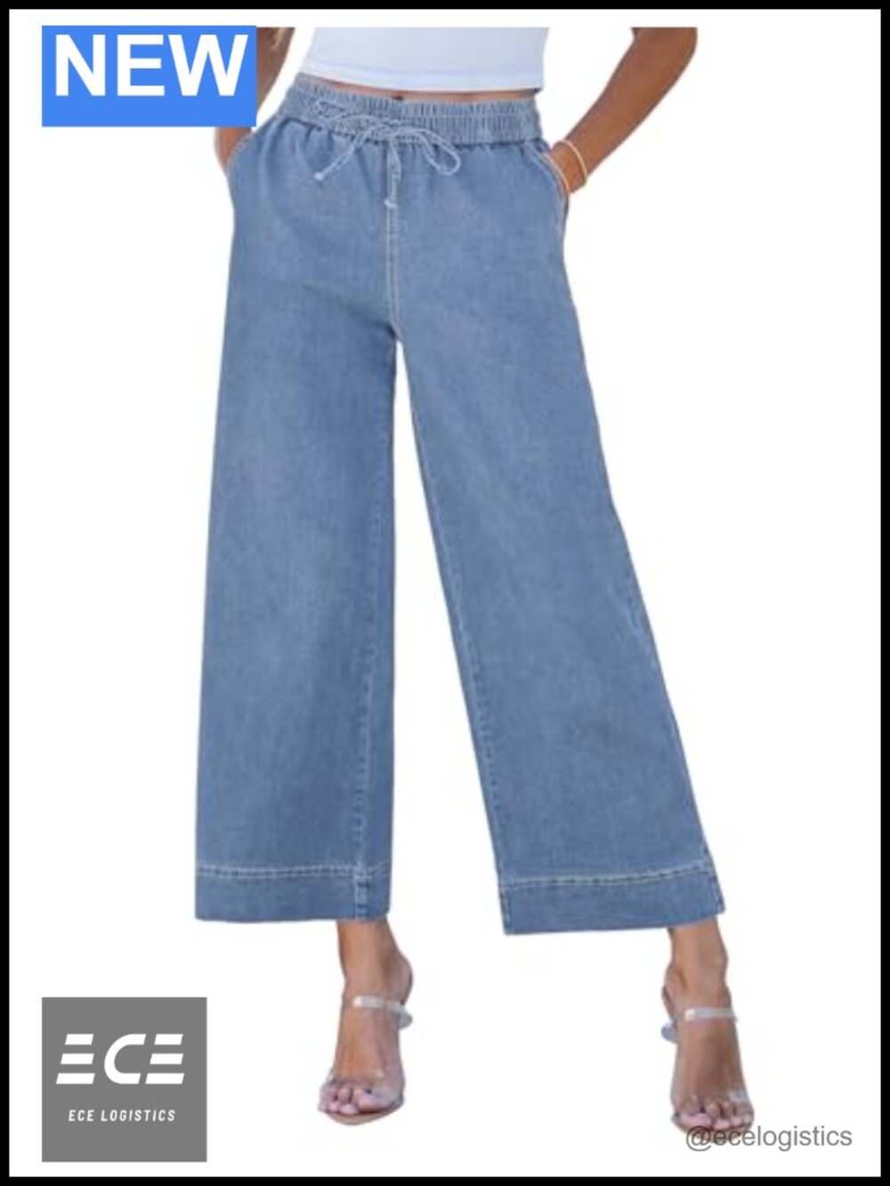 Women's High Waisted Wide Leg Cropped Pull On Stretch Denim Jeans
